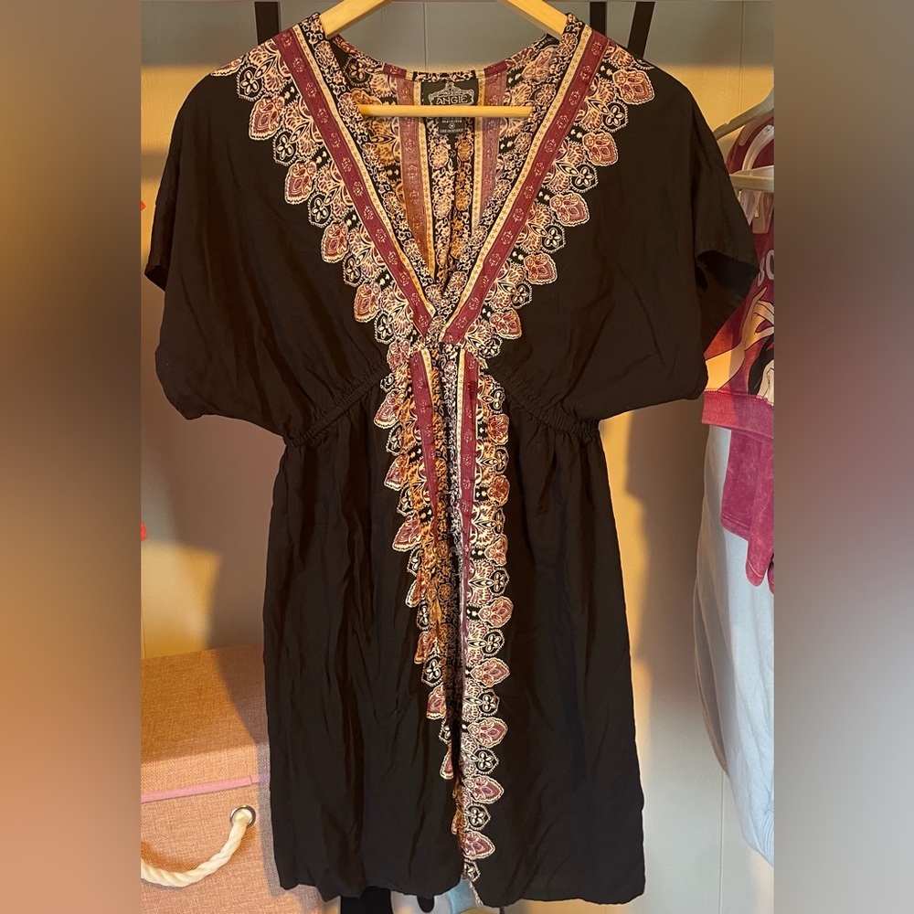 Angie Black Tunic Dress with Pink and Cream Embroidered Trim